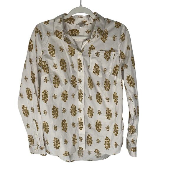 Duluth Wrinkle Fighter Button Front Shirt Womens Small Ivory Gold Floral MEDIUM - Picture 1 of 5